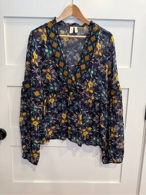 Anthropologie Navy Floral V-Neck Peasant Blouse with Yellow Accents